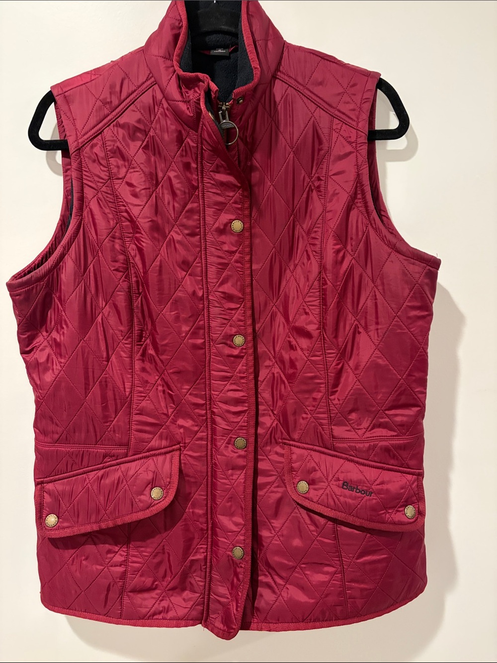 Barbour Cavalry Gilet Quilted Vest Burgundy Red Fleece Lined Women's US 14
